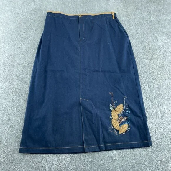 Vintage E.L.C.C. Denim Skirt With Leaf Motif Elastic Womens Size 2X 2051 - Picture 1 of 8